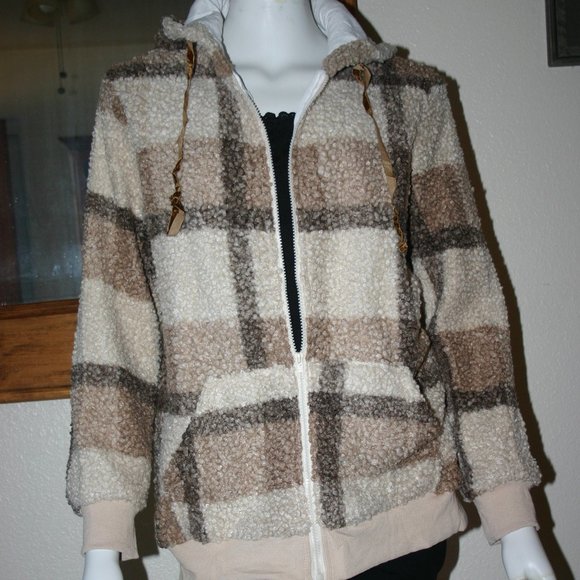 Khaki Plaid Print  Fleece Hoodie Jacket NWOT - Picture 3 of 5